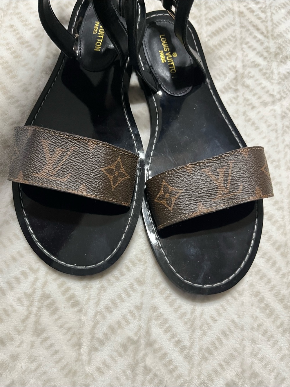Louis Vuitton Black Leather Sandals with Monogram Brown Strap 10 - Picture 3 of 16